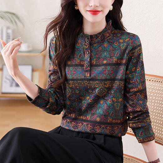 KQL-458H3564秋冬新款长袖印花百搭减龄立领澳绒保暖打底衫小衫上衣女 商品图3