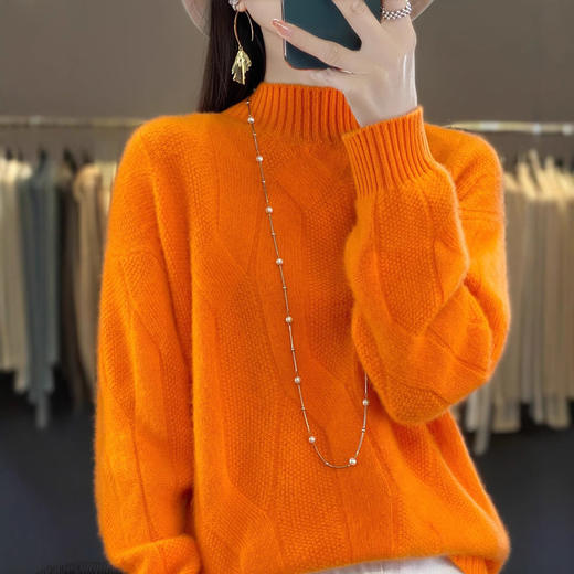 百媚生 100%绵羊毛扭花半高领羊毛衫套头打底衫D307 商品图1