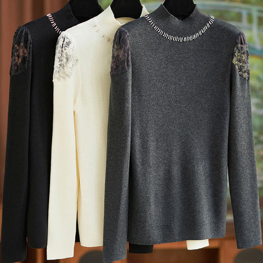 【高货wl】全新升级【铂金会员183/天猫249/差价66】(33510)洛诗琳通勤休闲时尚半高领钉珠镂空蕾丝刺绣针织打底衫 商品图0