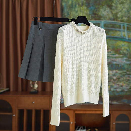 【高货wl】全新升级【铂金会员211/天猫279/差价68】(33816)洛诗琳秋冬新款法式重工珍珠镶钻圆领钩花针织套头针织女 商品图1