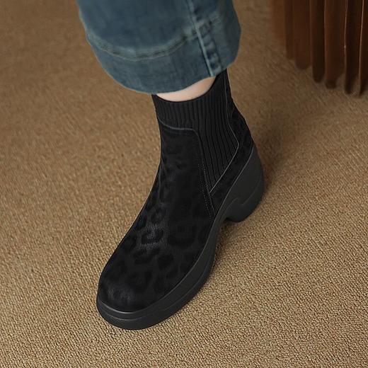 【预售5天】英伦风豹纹女皮靴秋冬新款粗跟高跟短靴子圆头厚底套筒烟筒靴DTN&5105-2 商品图1