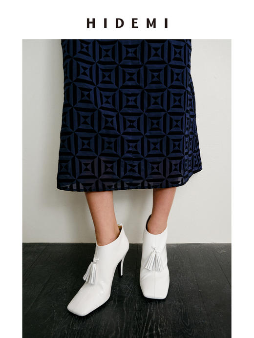 HIDEMI 节日系列进口头层牛皮流苏设计感方头极简设计感踝靴高跟鞋 白色/勃艮第红 商品图6