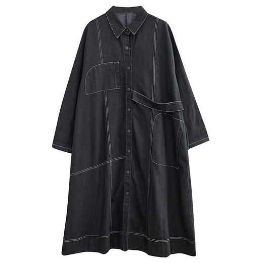 雀说新款韩版宽松大码显瘦撞色明线牛仔长款风衣外套AL51-3577 商品图4