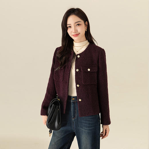 【高货xg】全新升级【铂金会员293/天猫399/差价106】(35435)洛诗琳秋冬新款法式复古葡萄紫简约粗花呢气质小香风外套 商品图1