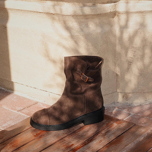 BIUCILI 原创设计慵懒松弛感绒面皱皱堆堆靴短靴女靴子工程师靴 商品图0