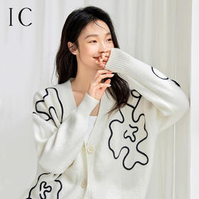 IC撞色线条设计绣花针织衫女新款高级简约休闲艺术感毛衣开衫