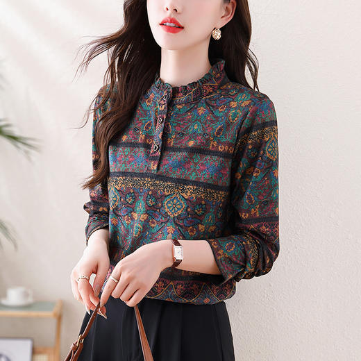 KQL-458H3564秋冬新款长袖印花百搭减龄立领澳绒保暖打底衫小衫上衣女 商品图1