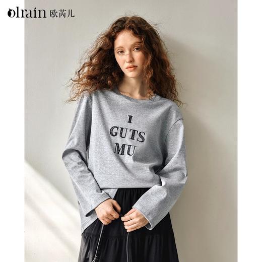 OLrain欧芮儿美式灰色T恤女春季2025年新款简约绣花宽松长袖上衣 商品图0