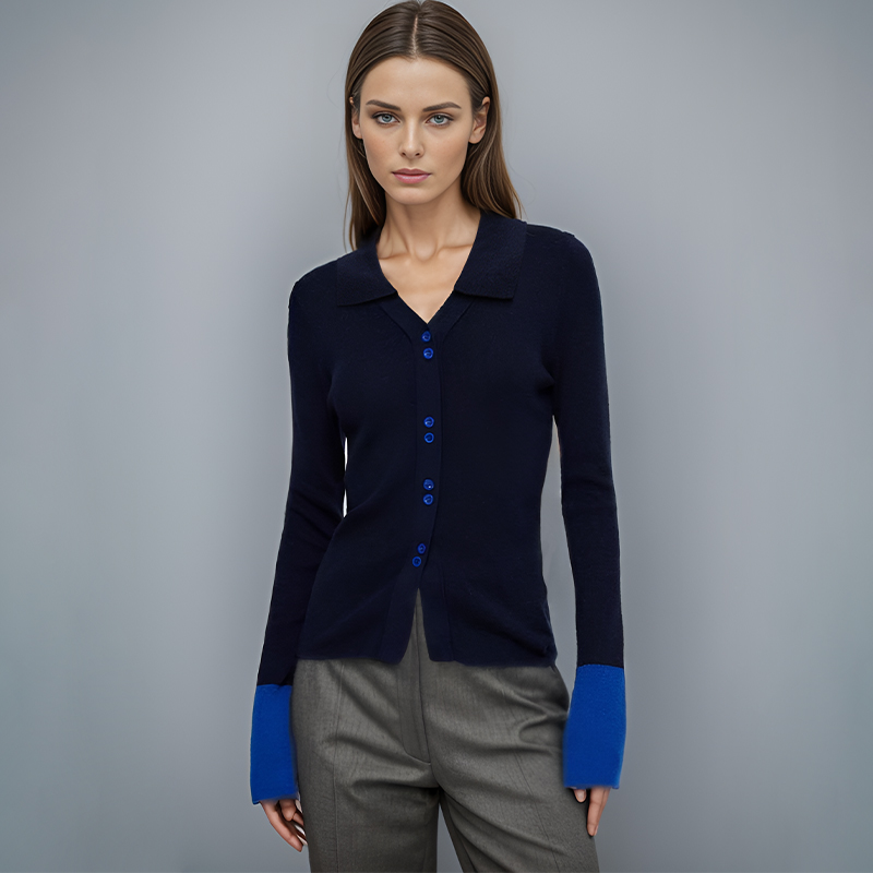 【2件9折】【Petit Bari】(多色)撞色拼接修身绵羊毛针织开衫