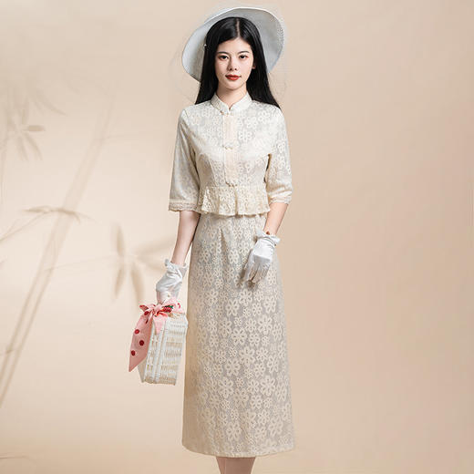2024新款高端气质少女改良年轻款两件套蕾丝拼接旗袍 商品图0