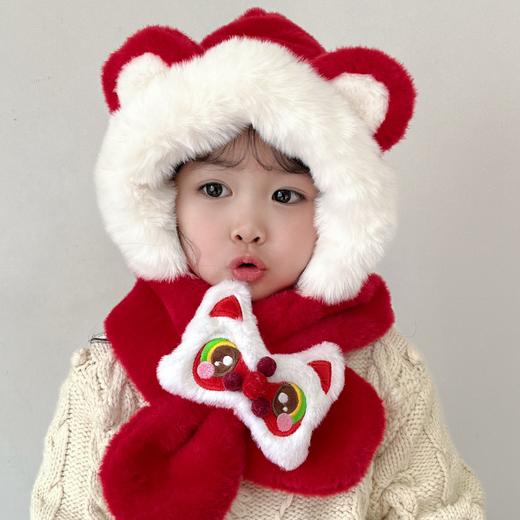 【可爱醒狮造型，超萌护耳帽！】1-10岁宝宝帽子秋冬款 醒狮新年儿童围巾一体帽 可爱超萌 加厚男女童护耳帽-QQ 商品图2