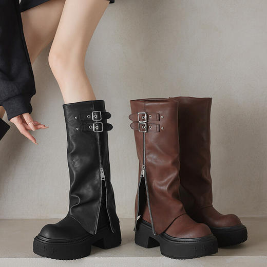 【预售7天】显瘦百搭欧美时尚松糕厚底裤管靴女不过膝高靴新款西部骑士靴MX&mx88660 商品图0