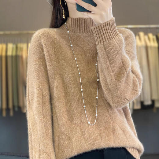 百媚生 100%绵羊毛扭花半高领羊毛衫套头打底衫D307 商品图2