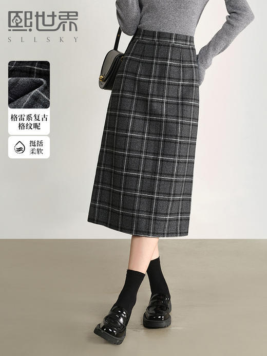 【年终特卖】熙世界复古格子毛呢半身裙秋冬2025年新款后开叉加厚包臀直筒裙 商品图0