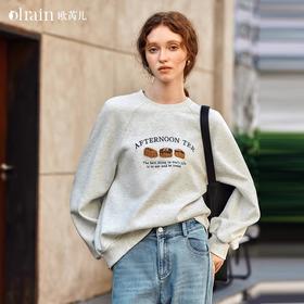 OLrain欧芮儿花灰色休闲卫衣女春季2025新款复古宽松圆领套头上衣
