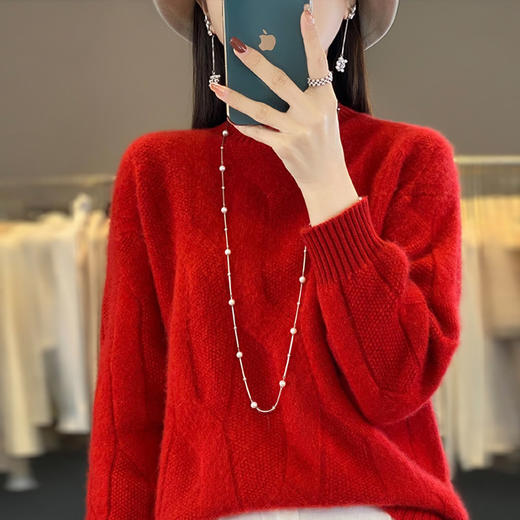 百媚生 100%绵羊毛扭花半高领羊毛衫套头打底衫D307 商品图5