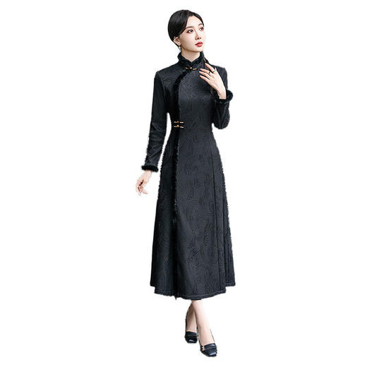 SYG-109秋冬新款高级感改良加绒加厚长袖黑色旗袍女日常复古气质旗袍 商品图4