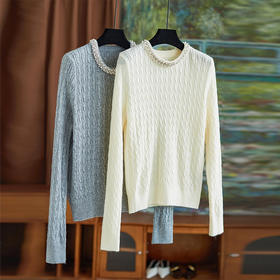 【高货wl】全新升级【铂金会员211/天猫279/差价68】(33816)洛诗琳秋冬新款法式重工珍珠镶钻圆领钩花针织套头针织女