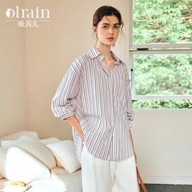 OLrain欧芮儿条纹长袖衬衫女春季2025年新款通勤百搭别致翻领衬衣