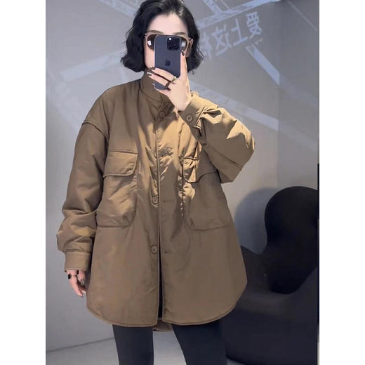 雀说宽松大口袋棉服新款休闲中长款开衫翻领棉衣外套AL3635 商品图2