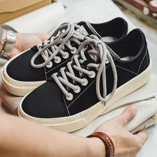 马登厚底帆布鞋秋冬新款翻毛皮黑色低帮增高男鞋休闲运动百搭板鞋 商品图0