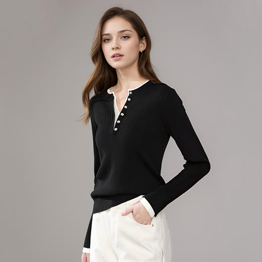 【2件9折】【Petit Bari】(多色)亨利领假两件修身针织上衣 商品图0