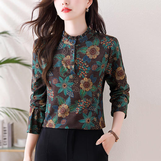 KQL-458H3565秋冬新款长袖印花百搭减龄立领澳绒保暖打底衫小衫上衣女 商品图2