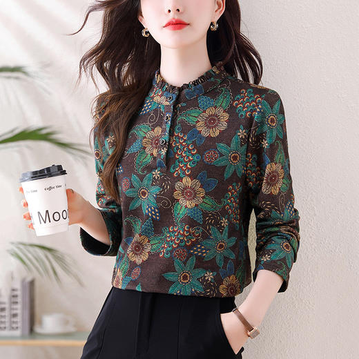 KQL-458H3565秋冬新款长袖印花百搭减龄立领澳绒保暖打底衫小衫上衣女 商品图1