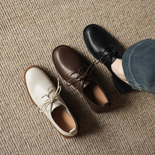 阿么手工女鞋英伦风系带小皮鞋粗跟百搭通勤真皮单鞋女软底3.5CM 商品图4