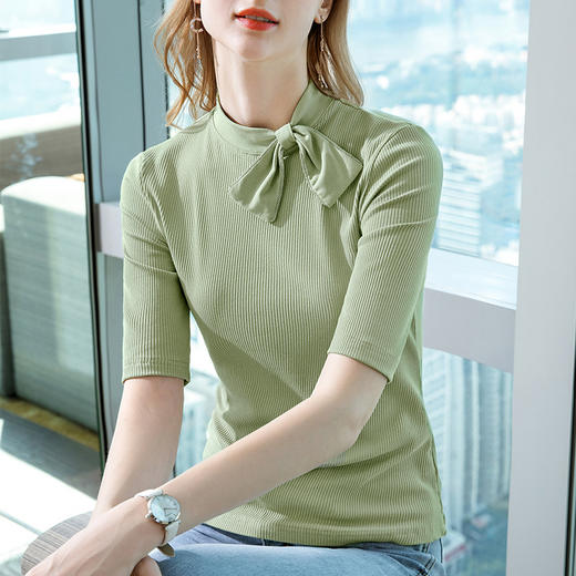 莫代尔五分袖t恤女女装海军风系带纯色中袖韩版女式上衣301866WX216 商品图3