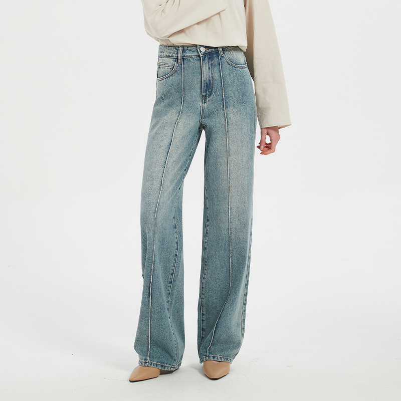 【2件9折】【Petit Bari】复古水洗中缝线直筒牛仔长裤（水洗产品）