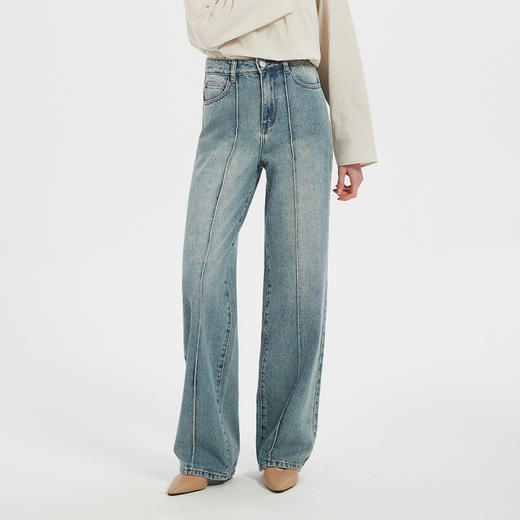 【2件9折】【Petit Bari】复古水洗中缝线直筒牛仔长裤（水洗产品） 商品图0