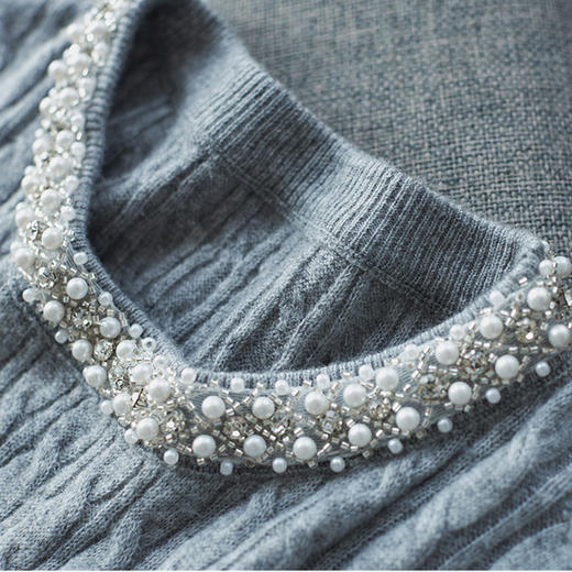 【高货wl】全新升级【铂金会员211/天猫279/差价68】(33816)洛诗琳秋冬新款法式重工珍珠镶钻圆领钩花针织套头针织女 商品图3