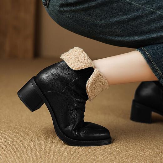 【预售5天】巨保暖~真皮尖头粗跟侧拉链短靴女加厚绒毛毛鞋冬季新款高跟棉靴DTN&259-2 商品图3