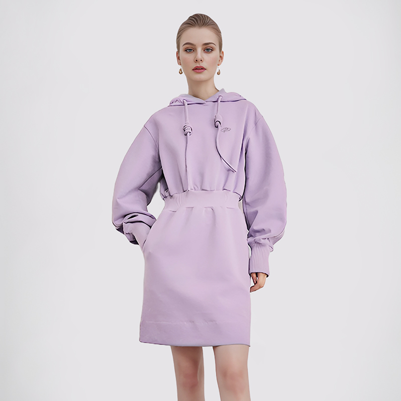 【2件9折】【Petit Bari】(多色)简约休闲收腰连帽卫衣连衣裙