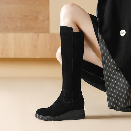 【预售7天】厚底内增高长靴女秋冬季新款圆头高筒靴高跟骑士靴牛翻皮靴子RLJR&317 商品图0