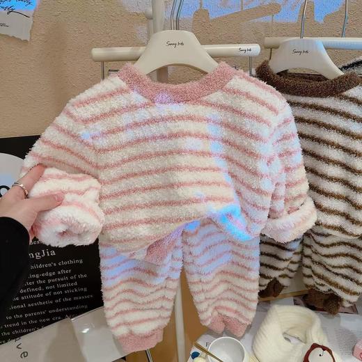 轻·软·萌·暖【品质云朵绒，细腻不掉毛，软糯舒服】儿童双面绒套装秋冬季宝宝毛绒亲子家居服两件套男女童条纹睡衣zb 商品图1