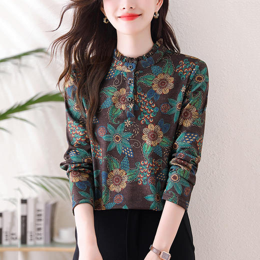 KQL-458H3565秋冬新款长袖印花百搭减龄立领澳绒保暖打底衫小衫上衣女 商品图3