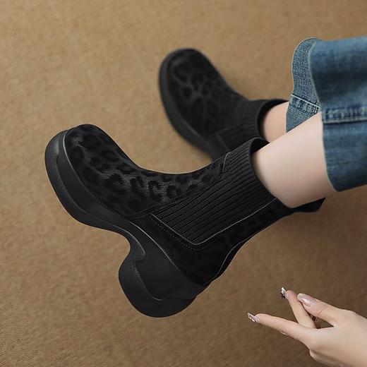 【预售5天】英伦风豹纹女皮靴秋冬新款粗跟高跟短靴子圆头厚底套筒烟筒靴DTN&5105-2 商品图2