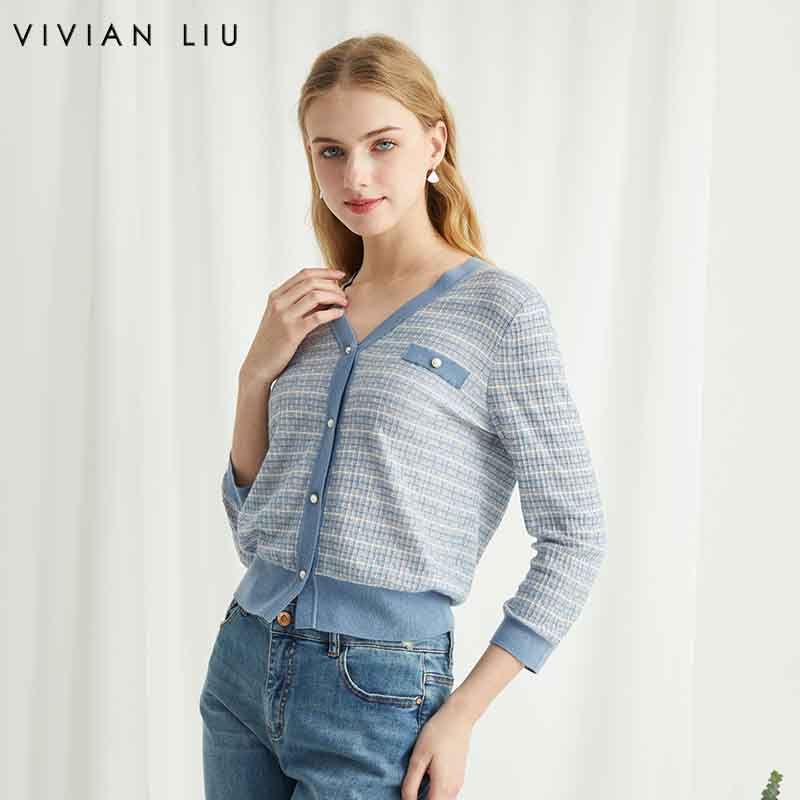 VIVIAN LIU薇薇安刘TR2416305梅春女装新款V领花纱长袖开衫毛衣