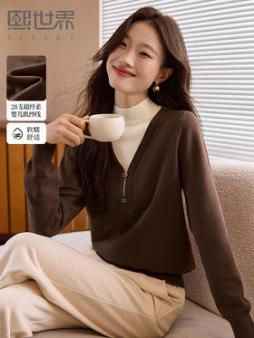 【专属特价】熙世界2025秋冬新款假两件咖色毛衣内搭撞色半高领打底针织上衣