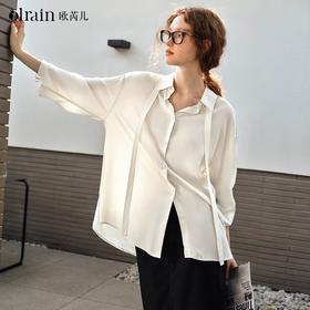 OLrain欧芮儿白色长袖衬衫女春季2025新款通勤气质飘带慵懒风衬衣