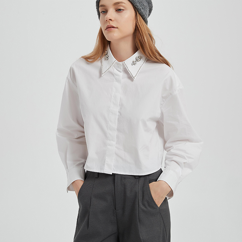 【2件9折】【Petit Bari】简约静奢短款钻饰长袖衬衫