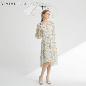 VIVIAN LIU TR2424107春女装新款V领不规则底摆长袖收腰连衣裙