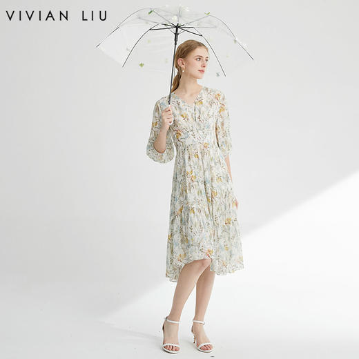 VIVIAN LIU TR2424107春女装新款V领不规则底摆长袖收腰连衣裙 商品图0