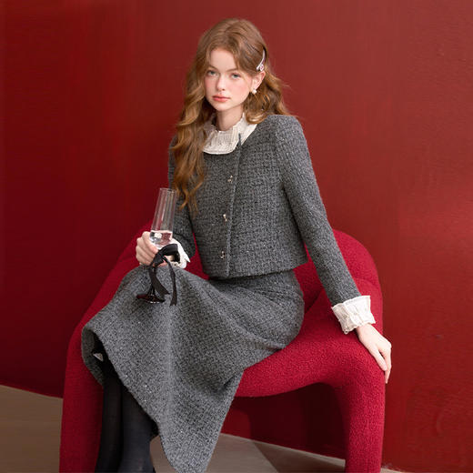 西遇小香风外套套装女冬季新款娃娃领灰色半身裙两件套D0044196 商品图0