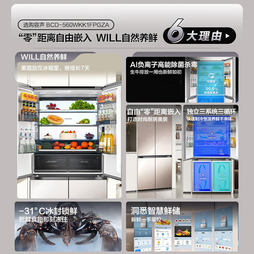 容声（Ronshen）WILL养鲜平嵌560升十字对开四开门超薄嵌入式电冰箱家用一级变频BCD-560WKK1FPGZA琥珀钰商场同款 商品图1