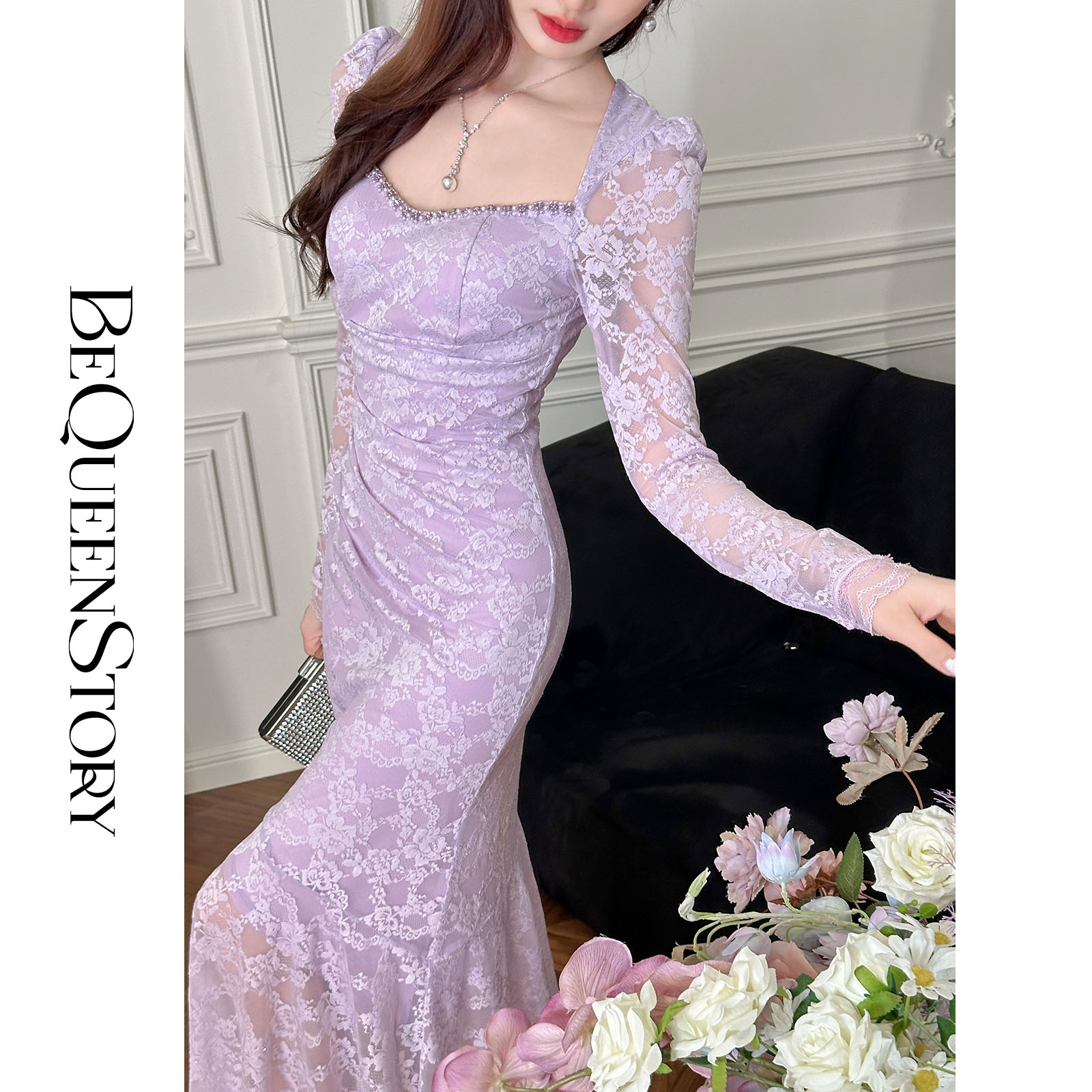 【大货捡漏，不退不换】    【美神可露莉】早春精致重工珍珠水晶钻带胸垫鱼尾连衣裙