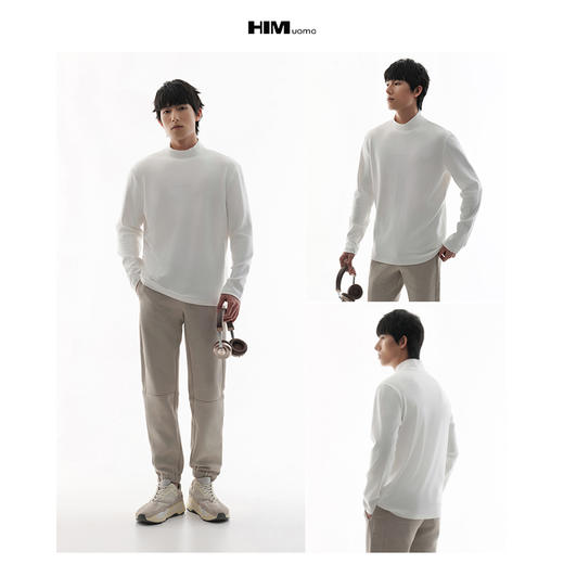 HIM漢崇  舒感莫代尔半高领T恤男简约透明滴胶字母打底衫 2025冬季 商品图3