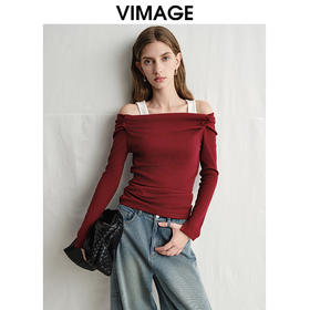 VIMAGE纬漫纪修身显瘦撞色两件套一字领长袖T恤上衣春新款V2313948